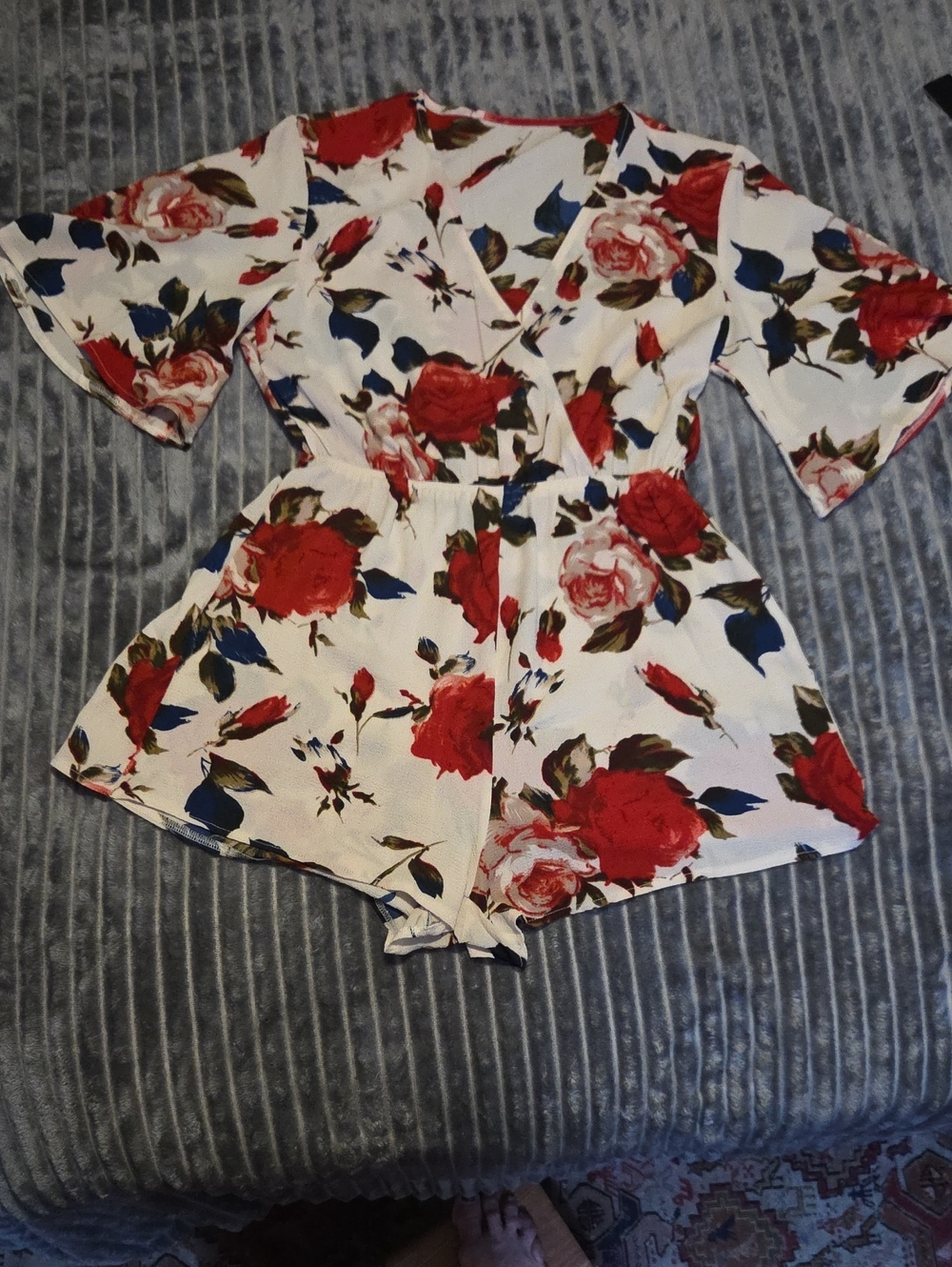 Floral White & Red Short Romper
